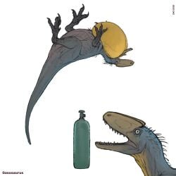 absurd_res ambiguous_gender animal_genitalia black_body black_skin blue_body blue_skin bone_frill claws cloaca dewlap_(anatomy) digital_media_(artwork) dinosaur duo earhole feral floating frill_(anatomy) gasosaurus genitals grey_body grey_skin helium_tank hi_res humor inflation looking_at_another nude open_mouth prehistoric_species protofeathers pubic_boot reptile scales scalie shocked simple_background stomach_bulge tail tongue tongue_out what white_background zw3