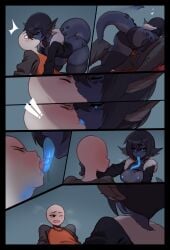 ass breasts clothed dominant_female dragon dragon_girl female flustered_male glowing glowing_nipples glowing_tongue kanel kissing long_tongue male monster_girl pounce saliva saliva_string sloppy_kiss smolder thick_thighs tongue_kiss