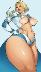1girls beuto blonde_female blonde_hair blonde_hair_female blue_eyes blue_lipstick bob_cut emma_frost huge_thighs light-skinned_female light_skin lipstick looking_at_viewer looking_down looking_down_at_viewer marvel midriff short_hair solo solo_female thick_thighs thigh_fetish thighhighs toned toned_female underboob view_from_below