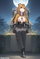 (titancore) ai_generated breasts breasts_out female full_moon ju_fufu night night_sky nipples sitting small_breasts throne tiger_ears tiger_girl tiger_stripes video_game_character zenless_zone_zero
