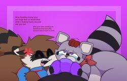 animal_genitalia animal_penis anthro ass big_butt big_penis brown_body brown_fur canid canine canine_genitalia canine_penis cross-popping_vein deep_throat dialogue erection femboy fur genitals group group_sex guardians_of_the_galaxy huge_butt huge_cock indigo_park kerchief kerchief_only kneeling male male/male mammal markings marvel mostly_nude neckerchief neckerchief_only neckwear open_mouth oral oral_penetration penetration penis procyonid purple_body purple_eyes purple_fur raccoon rambley_raccoon red_eyes red_kerchief red_neckerchief ring_(marking) ringed_tail rocket_raccoon sex striped_markings striped_tail stripes tail tail_markings threesome trio tunemon