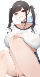 absurdres belt belt_collar black_belt black_bra black_hair blue_skirt bra bra_visible_through_clothes breasts brown_eyes collar collarbone commentary ear_piercing f7k_x5 goddess_of_victory:_nikke highres huge_breasts looking_at_another looking_at_viewer piercing see-through_clothes shirt short_sleeves simple_background sitting skirt smile solo sora_(nikke) teeth thighs underwear white_background white_shirt