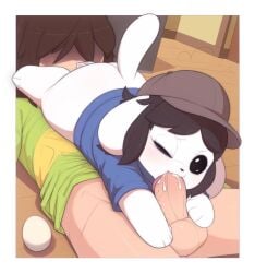 1boy 69 animal_sexualization balls baseball_cap black_hair border brown_hat clothed_sex cum cum_in_mouth cum_overflow deltarune egg feline female green_shirt hat highres kekitopu kris_(deltarune) male oerba_yun_fang one_eye_closed peaked_cap penis shirt straight temmie testicles tongue tongue_out uncensored veins veiny_penis white_border zoophilia