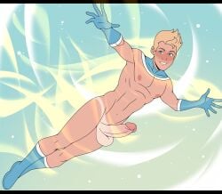 accessories_only balls blonde_hair blue_eyes blush boots erection fantastic_four flames flying gloves johnny_storm male_focus male_only marvel marvel_comics mostly_nude nipples penis smile solo solo_focus solo_male superhero tanlines yuunsfw