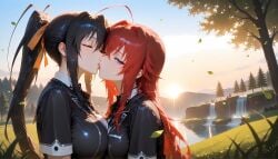 2girls ai_generated akeno_himejima big_breasts breasts_on_breasts closed_eyes females_only girlfriends high_school_dxd kissing lesbian_couple lesbian_kiss only4uart outdoors rias_gremory rias_x_akeno symmetrical_docking yuri