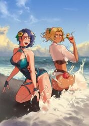 2girls artist_signature beach blonde_hair blue_hair catherine_(fire_emblem) curvy deliciousbra deliciousbrain fire_emblem fire_emblem:_three_houses flowers_in_hair light-skinned_female light_skin shamir_nevrand splashing swimsuit tan-skinned_female tan_skin waves