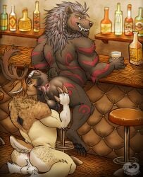 alcohol anal anthro anthro_on_anthro anus balls bear beverage brown_body brown_fur brown_hair chumbasket deer duo ears_back fangs fur gaping gaping_anus genitals green_eyes grey_hair grin hair hi_res holding_beverage holding_object inside kneeling liquor male male/male mammal markings muscular muscular_anthro muscular_male narrowed_eyes nude oral overweight overweight_anthro overweight_male pivoted_ears red_markings rimming sex sitting smile tan_body tan_fur teeth tongue tongue_out white_balls
