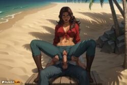 1boy 1boy1girl 1girls ai_generated amida_arca beach boots breasts brown_footwear brown_hair cleavage clothed_sex cowgirl_position cum cum_in_pussy cum_on_body dark_skin day denim front-tie_top green_eyes gundam gundam_tekketsu_no_orphans hi_res jeans large_breasts long_hair looking_at_viewer makeup midriff navel no_panties ocean open_fly outdoors palm_tree pants penis pussy red_lips red_shirt reverse_cowgirl_position rule34lab sand sex sex_from_behind shirt sitting spread_legs straddling straight testicles tied_shirt torn_clothes torn_pants tree uncensored vaginal_penetration vaginal_penetration vaginal_sex