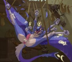 4_arms anthro anus avian awkward bird bondage bondage bound claws feathers genitals hi_res kofomy male multi_arm multi_limb nude owl penis rope skinny slim solo tail toe_claws wings