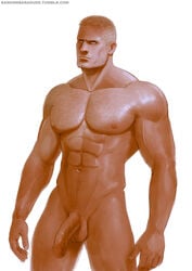 1boy abs bj_blazkowicz blonde_hair blue_eyes caucasian caucasian_male circumcised erect_nipples flaccid looking_at_viewer male_only muscular_male nude pecs penis randombaradude short_hair solo wolfenstein