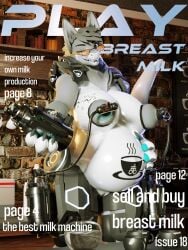 3:4 3d_(artwork) absurd_res anthro belly_tattoo blender_cycles bodily_fluids breast_milking cafe digital_media_(artwork) english_text eyewear female fictional_magazine_cover genitals glasses hand_on_belly haolde hi_res lactating lactose latte_bonny mamagen pregnant solo tattoo text vulva