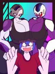 1boy 2girls 2girls1boy alien alien_girl alien_humanoid beanie big_breasts black_lips blue_hair blue_hair_male boobhat breasts breasts_bigger_than_head breasts_on_head canon_x_oc clothed clothed_female clothed_male commission commission_art commissioner_upload cooler_(dragon_ball) crisfer_12 crisfer_xii cyborg cyborg_girl dragon_ball dragon_ball_z dragon_ball_z:_cooler's_revenge dy14n_mk2 eyelashes fear fearful_expression fourth_form freeza frieza frieza_race genderbent genderswap_(mtf) gradient_background hand_on_hip huge_breasts hyper_breasts imminent_sex lipstick mecha_frieza oc_x_canon purple_skin purple_skinned_female red_eyes red_shirt rule_63 shounen_jump sisters sleeveless smirk tagme tanktop thick_thighs toei_animation weekly_shonen_jump weekly_shounen_jump