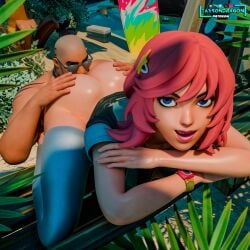 3d anus ass_grab beach big_ass big_butt blue_eyes boy brutus_(fortnite) female fortnite girly nude pink_hair skye_(fortnite) sniffing_ass taysondragon undercover_skye_(fortnite) white_body