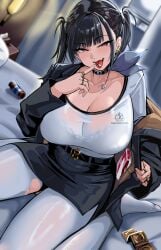 1girls absurdres big_breasts black_choker black_hair black_jacket black_skirt bra_visible_through_clothes breasts choker cleavage commentary condom condom_packet_strip condom_wrapper female goddess_of_victory:_nikke highres huge_breasts jacket jewelry looking_at_viewer miniskirt no_shoes on_bed pantyhose pencil_skirt pill pill_in_mouth red_eyes ring shirt short_hair sitting skirt slug_1356 sora_(nikke) torn_clothes torn_pantyhose twintails wariza white_pantyhose white_shirt
