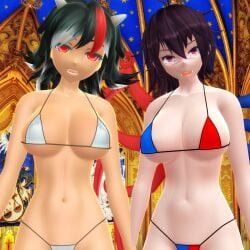 2025 2girls 3d amanojaku_(species) bikini blue_and_red blush breasts clavicle cleavage duo_female female female_only hati_yukkuri_mmd hips horns interior_background jpeg light-skinned_female looking_at_viewer mmd multicolored_hair navel nue_houjuu open_mouth pink_eyes_female red_eyes_female seija_kijin short_hair skimpy_bikini swimsuit touhou unusual_wings waist white-skinned_female white_bikini youkai