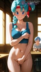 1boy 1girls ai_generated aqua_hair ass_visible_through_thighs bare_shoulders blue_eyes blue_hair blurry blurry_background blush bottomless braid breasts bulma_briefs cleavage closed_mouth collarbone covering_breasts covering_crotch covering_privates dragon_ball dragon_ball_super dragon_ball_z hair_bobbles hair_ornament headband indoors kitchen large_breasts long_hair looking_at_viewer meitabuu navel one_side_up red_headbandbulma_briefs shirt short_hair single_braid smile solo_focus stomach sweat tank_top thigh_gap thighs white_shirt window