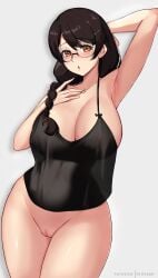 1girls 2021 :o arm_up armpits artist_signature blush braided_hair breasts brown_eyes brown_hair female female_only glasses hand_behind_head hanekawa_tsubasa hi_res hioyami hips huge_breasts long_hair looking_at_viewer monogatari_(series) simple_background slim_waist thick_thighs thighs white_background wide_hips