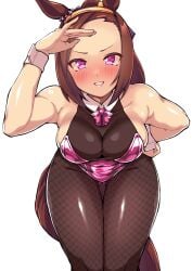 bent_over big_forehead blush brown_hair cleavage fishnets hairband hand_on_hip horse_ears horse_girl horse_tail kemonomimi leaning_forward leotard long_hair looking_at_viewer medium_breasts pantyhose pink_eyes ponytail sakura_bakushin_o_(umamusume) smile solo thick_thighs thigh_gap toned toned_female umamusume umamusume_pretty_derby wide_hips wrist_cuffs