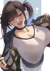 1girls blue_jacket blue_skirt blush bra_visible_through_clothes breasts brown_hair choker cleavage collarbone contraband earrings fangs female goddess_of_victory:_nikke highres jacket jewelry large_breasts looking_at_viewer medium_hair mole mole_under_eye multiple_rings open_clothes open_jacket open_mouth opened_by_self pantyhose red_eyes ring shirt skirt smile solo sora_(nikke) twintails white_pantyhose white_shirt yude