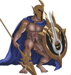 atreus_(league_of_legends) beard cape dark_skin helmet kiryukyo male male_only pantheon penis pubic_hair scar scars shield spear