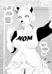 anthro balls big_breasts bodily_fluids bottomwear breasts brick_wall canid clothing comic corablue cum cum_string dialogue digital_media_(artwork) english_text erection front_view futanari genital_fluids genitals hair hi_res intersex mammal open_mouth penis shirt shorts solo text topwear wall_(structure)