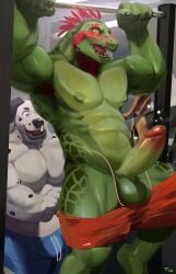 abs anthro armpit_hair assisted_exposure balls blush bodily_fluids body_hair bottomwear bottomwear_down bulge canid canine canis clothed clothing dalmatian domestic_dog duo erection exercise exhibitionism floppy_ears front_view gay gay_male genital_fluids genitals glans green_body green_scales gym humanoid_genitalia humanoid_penis male male/male mammal muscular muscular_anthro muscular_male pantsing partially_clothed pecs penis precum pull-up_(exercise) pull_up_bar scales shirtless_anthro shirtless_male shorts shorts_down tintiai yaoi