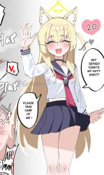 kurumi_(blue_archive) sudden_plot_development implied_sex implied_penetration kemonomimi halo spoken_hearts sailor_uniform yellow_hair motion_lines trembling trembling_ass trembling_lines trembling_spikes choker greeting sensei_(blue_archive) moaning moaning_female convenient_censorship convenient_censoring offscreen_sex offscreen musk_clouds plap plappable_ass plapping plappable