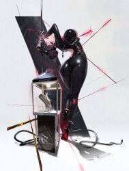 :q ass back belt bending_backward bodysuit breasts chains curvy dfm_(darknessdfm) double_bun eye_mask flexible from_behind full_body goddess_of_victory:_nikke hair_bun high_heels highres huge_ass jewelry large_breasts laser licking_lips looking_at_viewer official_art quency_(escape_queen)_(nikke) quency_(nikke) red_eyes shadow shiny_clothes shiny_skin simple_background standing tongue tongue_out wide_hips zipper