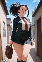 ai_generated bag black_eyes black_hair black_socks blazer blue_sky boku_no_hero_academia breasts collared_shirt day female hair_pulled_back high_resolution highres holding jacket large_breasts long_sleeves looking_at_viewer my_hero_academia necktie nimybotai open_clothes open_jacket open_mouth outdoors pleated_skirt ponytail red_necktie school_uniform shirt skirt sky smile socks solo stable_diffusion teeth thick_thighs thighs u.a._school_uniform upper_teeth_only white_shirt yaoyorozu_momo