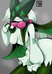 anthro areola blush breasts felid feline female fur generation_9_pokemon green_body green_fur hi_res looking_at_viewer mammal meowscarada nintendo nipples nude pokemon pokemon_(species) san_ruishin smile solo