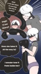 1boy blindfold blush briefs bulge dildo english_text femboy holding_dildo huge_dildo male male_only male_underwear nier nier:_automata penis_under_clothes raizengax short_hair solo text trap white_hair yorha_9s