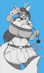 2025 anuki artfight2025 avery_prongfoot big_breasts big_bulge black_and_white breasts bulge busty_boy_(lore) canid canine canis cleavage clothed clothing controller deer eyewear furry furry_only game_controller glasses hi_res huge_breasts huge_bulge looking_at_viewer mammal monochrome open_mouth solo thick_thighs wide_hips wolf
