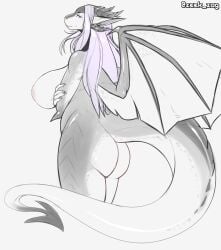 4_horns 5_fingers absurd_res anthro areola ass big_breasts biped breasts claws digital_media_(artwork) dragon female fingers hi_res horn humanoid_pointy_ears long_ears long_tail membrane_(anatomy) membranous_wings monochrome multi_horn mythological_creature mythological_scalie mythology nipples non-mammal_breasts non-mammal_nipples nude portrait reptile scalie side_boob simple_background smaller_version_at_source solo spade_tail tail thick_tail three-quarter_portrait white_background wings zeekzag zenith_(zkelle)