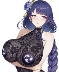 1girls ai_generated aimoonshine alternate_costume arm_under_breasts bare_shoulders blush bodystocking bodysuit braid braided_ponytail breasts choker cleavage female female female_only floral_print flower genshin_impact hair_flower hair_ornament huge_breasts lace lace_trim large_breasts light_blush long_hair looking_to_the_side mihoyo mitsudomoe_(shape) mole mole_under_eye open_mouth pasties purple_eyes purple_flower purple_hair purple_nails raiden_shogun simple_background sleeveless solo solo_female tight_clothing tomoe_(symbol) upper_body very_long_hair white_background