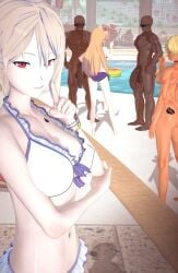 2boys 3d 3girls blonde_hair clothed_female clothed_female_nude_male dark-skinned_male gyaru koikatsu naked_male nakiri_alice nakiri_erina oshino3d pool qos qos_tattoo queen_of_spades shokugeki_no_souma tagme tanned_female white_hair