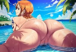 ai_generated ass ass_focus beach big_ass daytime huge_ass looking_at_viewer looking_back lying lying_on_stomach naked naked_female nami_(one_piece) nude nude_female nudity one_piece orange_hair pubic_hair pussy pussy_lips sea seaside short_hair smirk tattoo thick_thighs thighs water wet