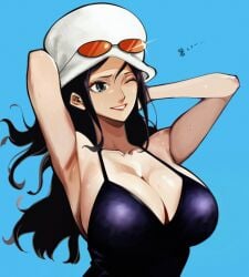 1girls absurdres arms_behind_head black_hair blue_background blue_eyes breasts cleavage commentary_request dress eyewear_on_head female glint hat highres large_breasts long_hair looking_ahead nadainishi nico_robin one_eye_closed one_piece orange-tinted_eyewear simple_background smile solo tinted_eyewear white_hat
