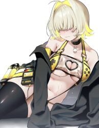 1girls arm_support bikini black_jacket black_thighhighs blonde_hair blush breasts cleavage_cutout closed_mouth clothing_cutout elegg_(boom_and_shock)_(nikke) elegg_(nikke) female game_controller_nipples_(meme) goddess_of_victory:_nikke hair_intakes hair_over_eyes heart_cutout highres jacket large_breasts long_bangs meme multicolored_hair navel off_shoulder pqsu23 see-through_bikini see-through_clothes short_hair simple_background slingshot_swimsuit solo solo_female sweat swimsuit thighhighs twitter_username two-tone_hair wavy_mouth white_background yellow_slingshot_swimsuit