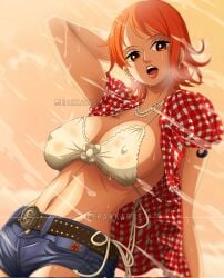arm_tattoo artist_name bikini_top busty jean_shorts light-skinned_female light_skin nami_(one_piece) nipples_visible_through_clothing one_piece open_shirt orange_eyes orange_hair pearl_necklace perky_nipples rakkarts
