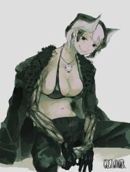 big_breasts bikini black_and_white_hair black_bikini black_eyes body_markings cleavage female female_only jacket_on_shoulders looking_at_viewer made_in_abyss ozen pale-skinned_female pale_skin short_hair sitting smile solo two_tone_hair whistle whistle_around_neck