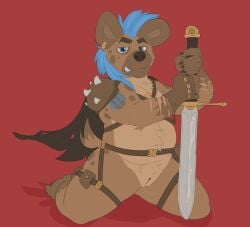 andromorph anthro armor armpit_hair belly blade blue_eyes blue_hair body_hair bolt_carrier brown_body brown_fur cape chest_harness clitoris clothed clothing dipstick_tail ear_piercing ear_ring fingerless_gloves fur genitals gloves hair handwear harness hi_res hyena intersex intersex_anthro kneeling kneeling_on_ground looking_at_viewer mammal markings melee_weapon mohawk multicolored_body multicolored_fur navel nude nude_andromorph nude_anthro overweight overweight_andromorph overweight_anthro overweight_intersex piercing pubes red_background ring_piercing scar simple_background skimpy snaggle_tooth solo spots spotted_body spotted_fur spotted_hyena stubble sword tail tail_markings tan_body tan_fur teeth unconvincing_armor vulva weapon