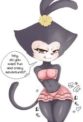 accessory akatosh_el_shota_furro animaniacs anthro black_body black_hair black_skin black_tail bottomwear breasts clothed clothing crop_top dialogue dot_warner english_text female female_anthro floral flower flower_accessory flower_hair_accessory front_view furgonomics hair hair_accessory heart_symbol hi_res licking licking_lips mammal midriff navel pink_nose plant portrait raised_tail shirt simp simple_background skirt solo speech_bubble tail tail_through_skirt text thick_thighs three-quarter_portrait tongue tongue_out topwear warner_brothers white_background young