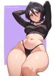 1girls arms_behind_head artist_name black_hair black_panties bleach border breasts cetta_(cettadvd) choker collarbone commentary crop_top english_commentary female female_focus kuchiki_rukia light_blush lips looking_at_viewer medium_hair navel panties reus_(cetta) shiny_skin simple_background small_breasts thighs underwear white_border wide_hips