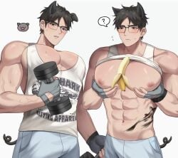 1boy ? abs animal_ears banana big_pecs dumbbell gay glasses grabbing_own_pecs lifted_shirt male muscles muscular muscular_male navel nipples pec_grab pec_grasp pecs seum solo solo_male veiny_muscles workout yaoi