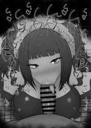 1boy 1girls :>= big_breasts big_penis black_and_white blush breasts censored dark-skinned_male dark_skin detailed_background dress drooling erect_nipples eyelashes fellatio female headgear heart human indoor inside interracial kuroshitsuji kurotama looking_at_viewer maid male male_povoral meirin_(kuroshitsuji) oral_sex penis room saliva shiny shiny_skin short_hair sketch sound_effects squatting sweat text tied_hair tongue_out twintails vein veins veiny veiny_penis