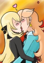 2girls artist_request artist_unknown blonde_hair blush colored crossover cynthia_(pokemon) dagoobah earrings french_kiss game_freak kissing long_hair mario_(series) nintendo pokemon pokemon_champion pokemon_dppt princess_rosalina source_request super_mario_galaxy tongue tongue_kiss yuri