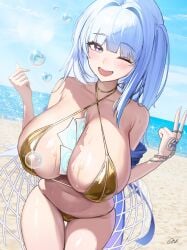 1girls absurdres alternate_costume arcana_(nikke) beach between_breasts bikini blue_hair blue_sky breasts bubble card card_between_breasts female goddess_of_victory:_nikke gold_bikini highres huge_breasts long_hair looking_to_the_side ocean one_eye_closed outdoors puka_(oni) purple_eyes skindentation sky solo swimsuit thigh_gap thighs very_long_hair wet