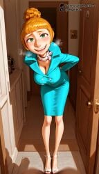 ai_generated arms_behind_back bent_over blonde_hair blunt_bangs blush breasts breath cleavage despicable_me despicable_me_4 door doorway dress feet female full_body green_eyes hair_bun heavy_breathing high_heels indoors large_breasts leaning_forward legs looking_at_viewer lucy_wilde mature_female mykibuu open_door open_mouth orange_hair pov pov_doorway sandals shadow short_hair single_hair_bun smile solo standing strappy_heels teeth toes travel_attendant upper_teeth_only white_footwear