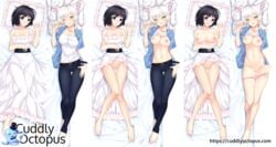 animal_ears bare_legs bare_shoulders belt black_hair black_hanekawa breasts cat_ears cleavage dakimakura denim dress female full_body hanekawa_tsubasa highres jeans legs monogatari_(series) navel nipples open_mouth panties pants purple_eyes pussy pussy_juice ribbon_trim short_hair slit_pupils smile sunshine_(5010127) thigh_gap underwear watermark white_dress white_hair yellow_eyes