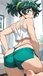 ai_generated ass blush boku_no_hero_academia bulge deku femboy femboy_only focus green_eyes green_hair izuku_midoriya kinkyfuel lipstick living_room male my_hero_academia ponytail pulled_shorts shorts solo tank_top thong visible_thong